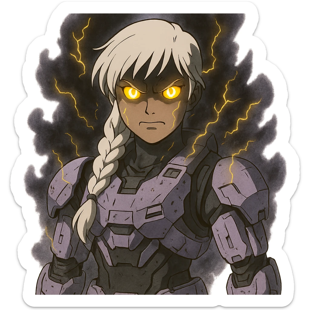female, wearing reach spartan armor shoulder-unequip, long white braid hair with massive messy front side single bangs, gold yellow eyes, attention pose, D-cup size, HALO:series, no helmet, the armor is lavender color scheme, eyes glowing, demon eye, gleam, rage aura, body steaming dark gray, gold electricity, mouth clowed scowling sticker