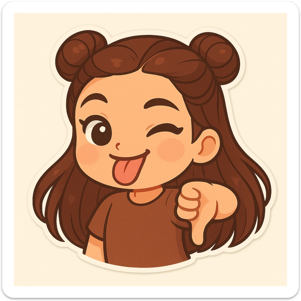 Create a chibi sticker of the girl with double bun hairstyle, sticking out her tongue and showing a thumbs down, playful and cheeky. sticker