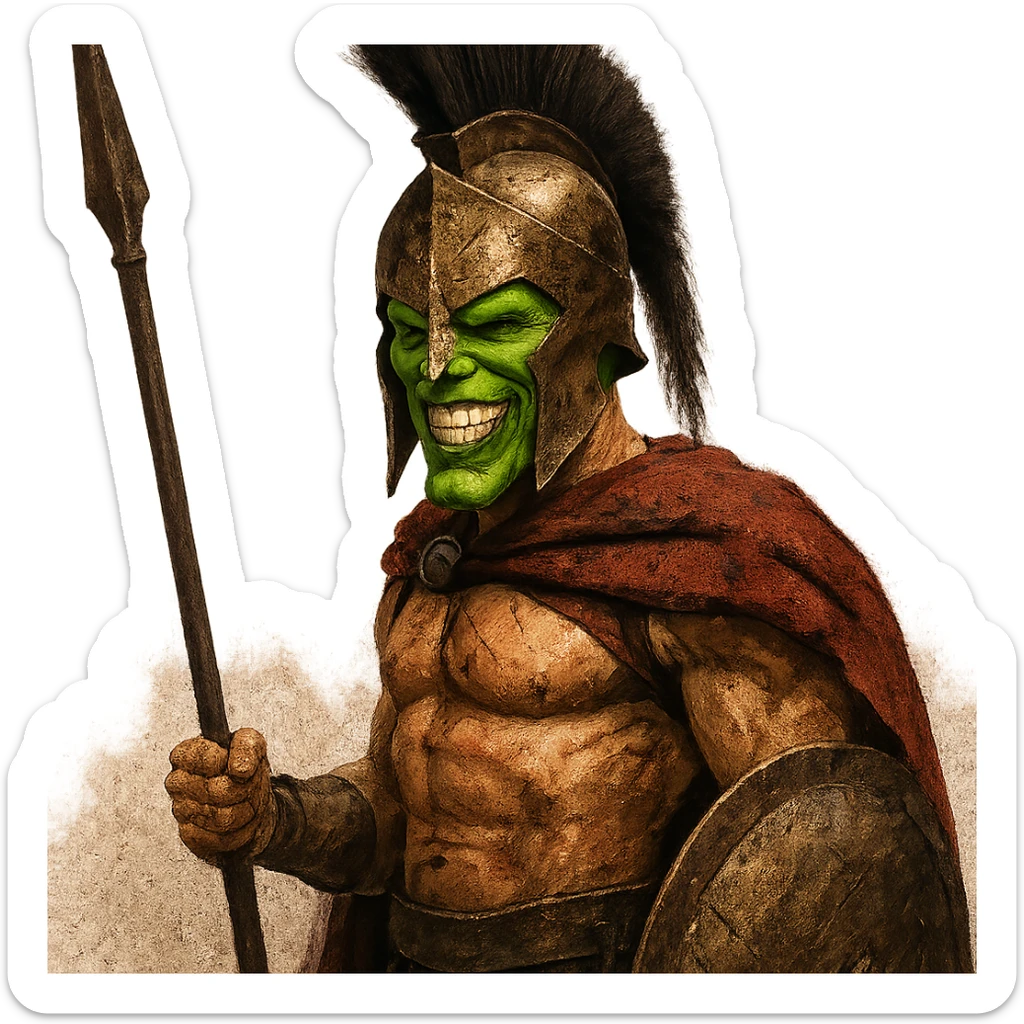 the mask character from 'The Mask' as a Spartan soldier with helmet and armor, in the style of '300' sticker