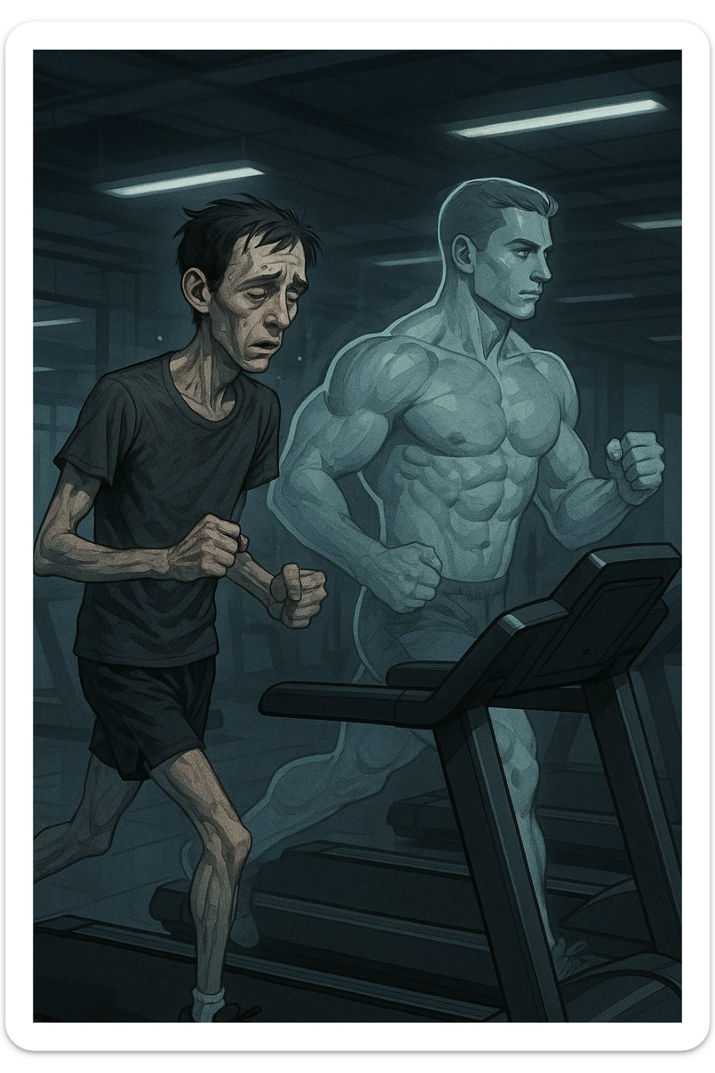 Uomo magro e affaticato che corre su tapis roulant in una palestra. I muscoli delle braccia e delle gambe appaiono ridotti e svuotati, come se stesse perdendo massa muscolare. Espressione stanca sul volto, con accanto una figura trasparente di sé stesso più muscolosa a confronto. Luci fredde e atmosfera di sovrallenamento. in italiano sticker