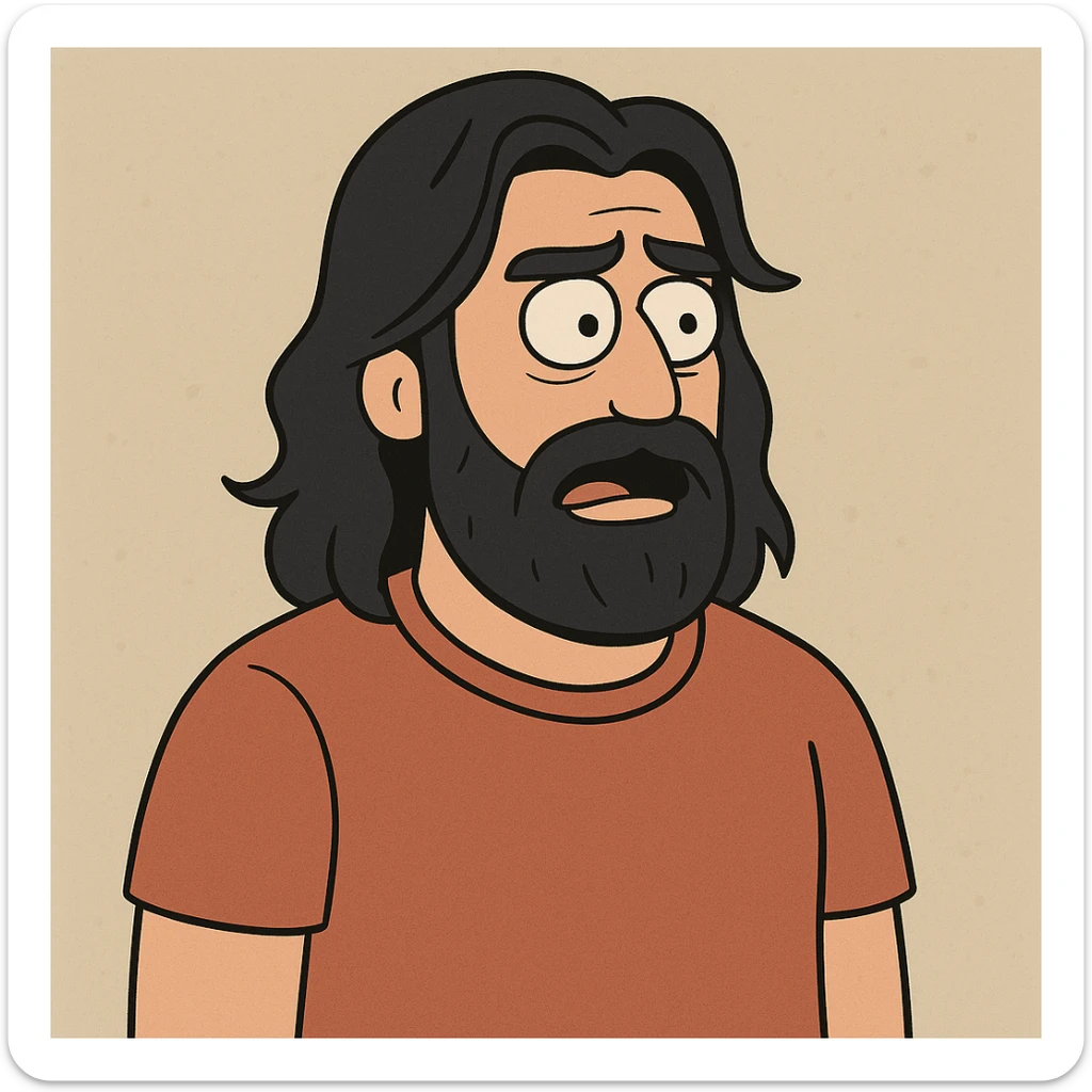 a man with dark long hair and a beard, cartoon style sticker