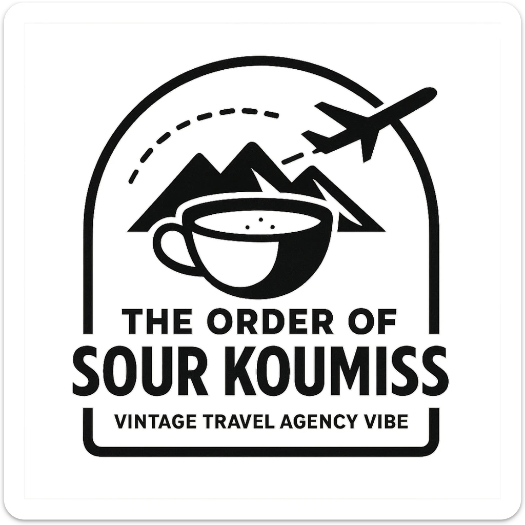 A black and white 90s-style logo for 'The Order of Sour Koumiss' with a vintage travel agency vibe, featuring a minimalist design sticker