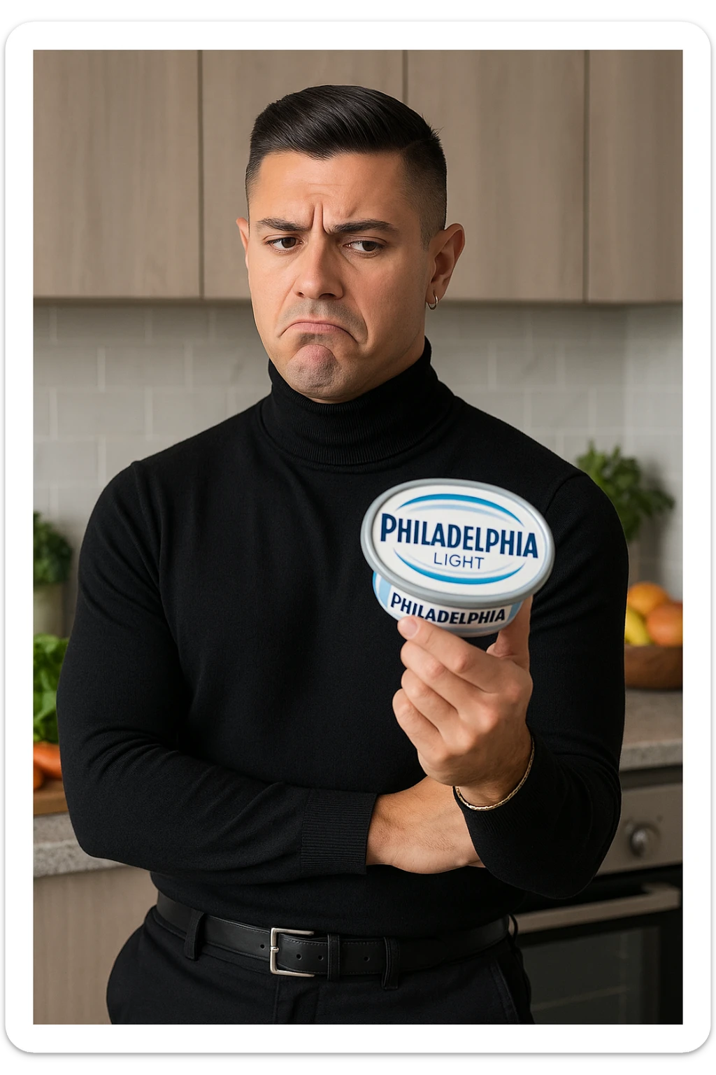 a man stands in his kitchen, holding a tub of Philadelphia Light cream cheese in one hand. He looks at it with a skeptical, slightly disapproving expression, eyebrows furrowed and lips pursed. The background shows a modern kitchen with healthy food options visible on the counter, emphasizing his awareness of better choices. The mood is reflective and subtly critical. sticker