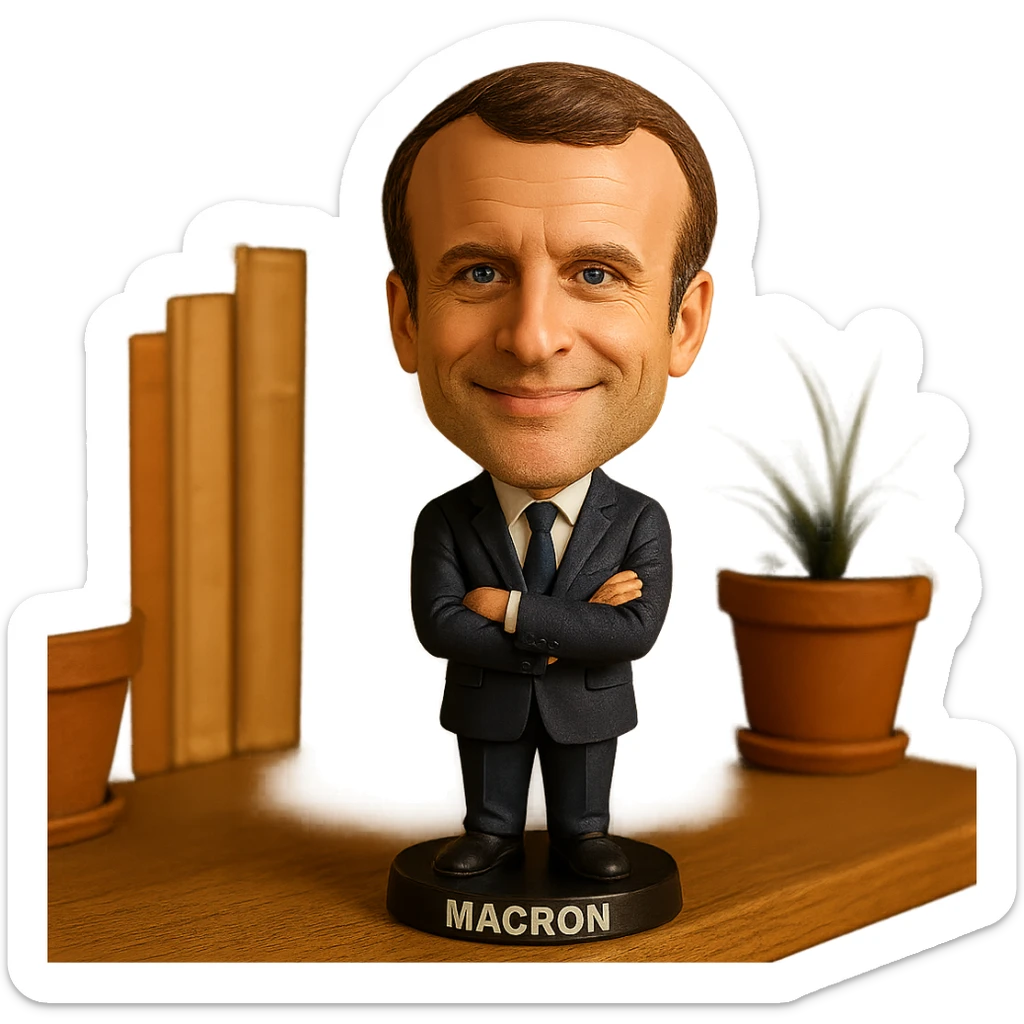 bobblehead style figure of Emmanuel Macron, French president, suit and tie, oversized head, confident smile sticker