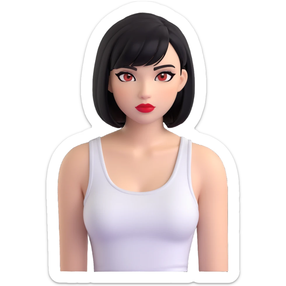 A pretty girl with black straight bob hair. She has hazel eyes with black eyeliner. She has plump red lips. She is wearing a white tank top sticker
