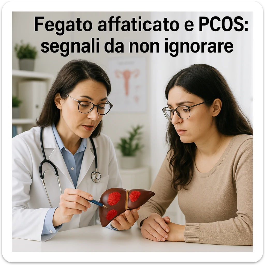 clinical scene, doctor showing a woman with PCOS an anatomical model of the liver with red zones, prevention atmosphere, Italian text: 'Fegato affaticato e PCOS: segnali da non ignorare', 4K quality sticker