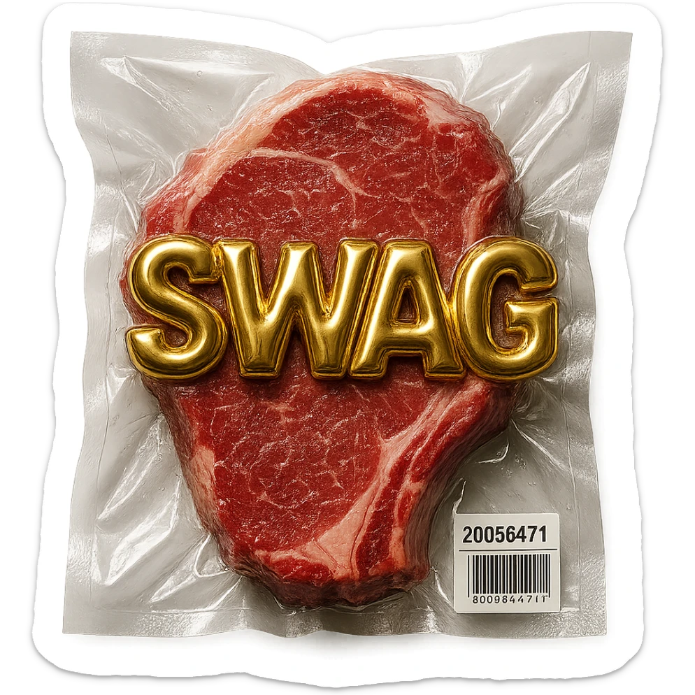 steak with gold block letters 'SWAG', shiny and inflated, vacuum-sealed style sticker