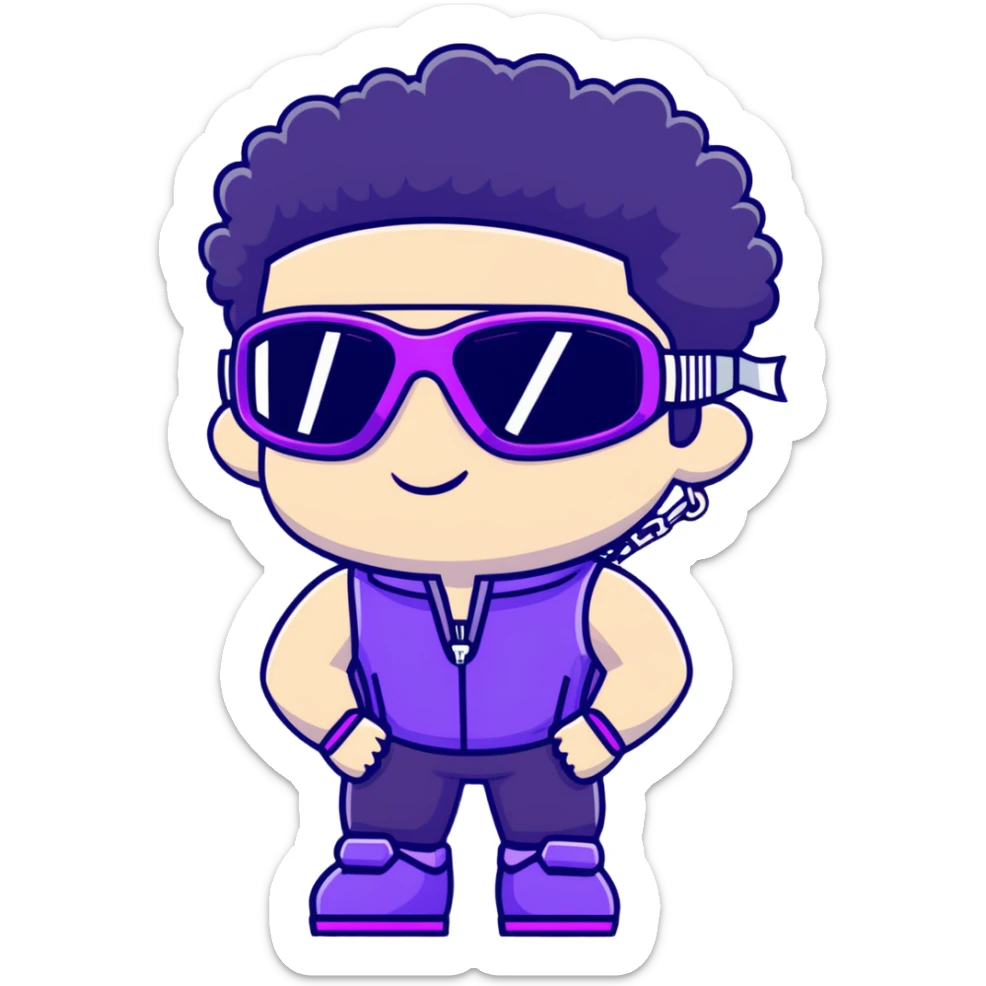 male athlete with white skin and moderately curly black hair on top with shaved sides, wearing ski goggles with purple frames and very dark black lenses, a simple plain black chain necklace, and an open shiny purple vest showing his chest and abs, no earrings sticker