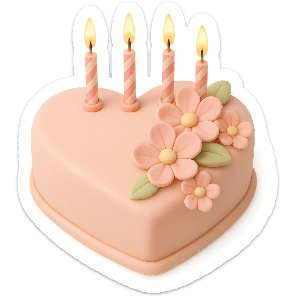 Add birthday candles to the heart-shaped fondant cake with pink flowers, fondant cake art style, keep transparent background. sticker