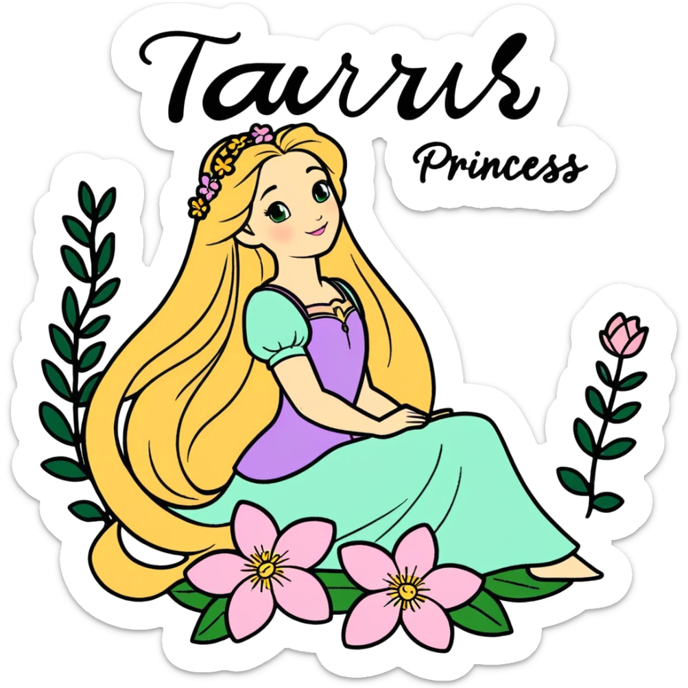 “Poster-style sticker, pastel green background. In the center: Rapunzel with long golden hair and flowers. On top: TAURUS. Below in cursive: ‘Nature’s Princess’. At the bottom: ‘Grounded, loving, graceful.’ 🌿🌸✨” sticker