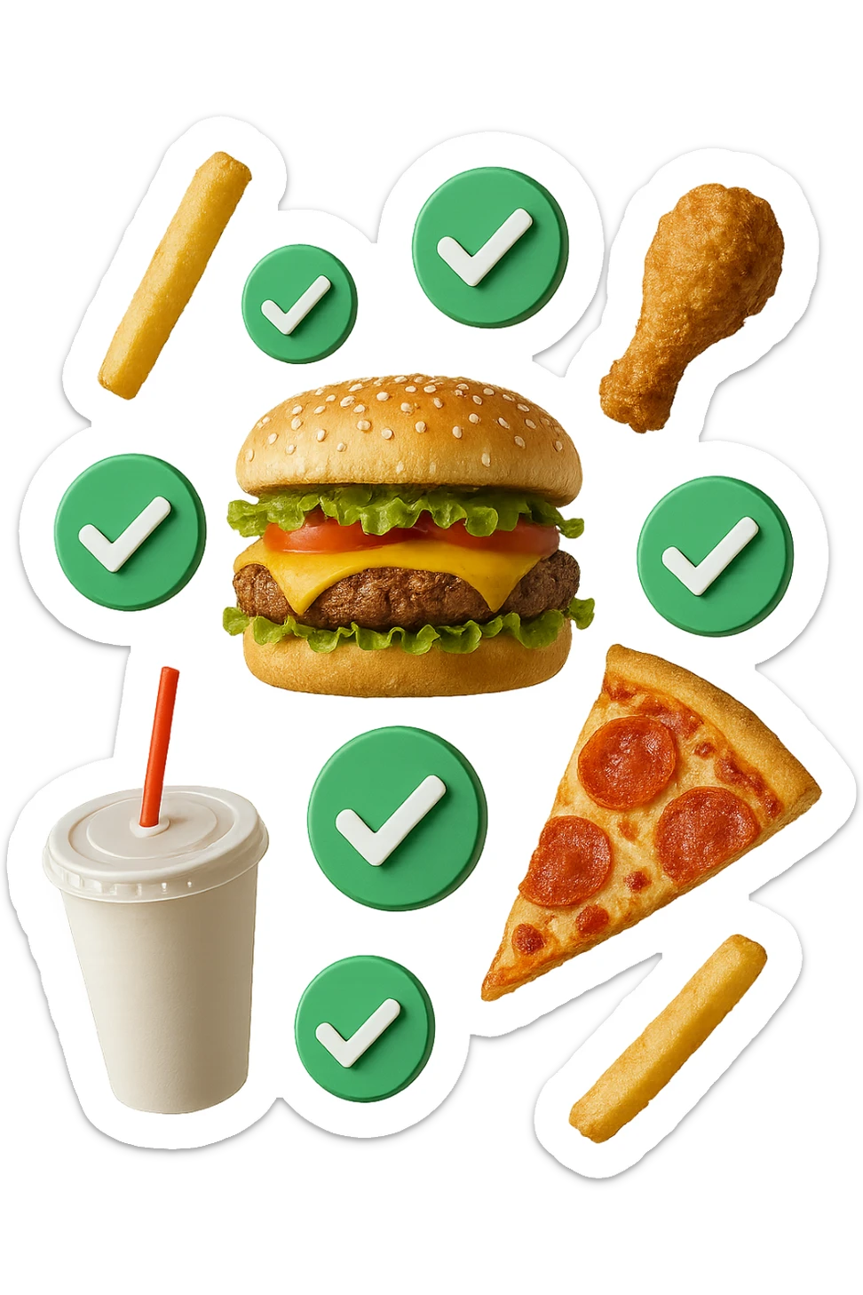 fast food realistico fluttua in aria insieme a spunte di verificato in 3d sticker