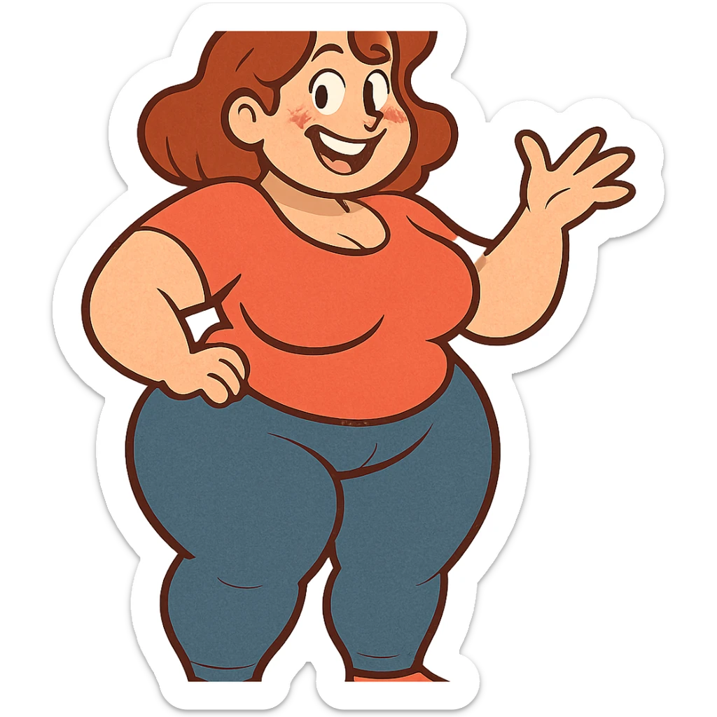 A woman with exaggerated proportions, focusing on a cartoonish and playful style sticker