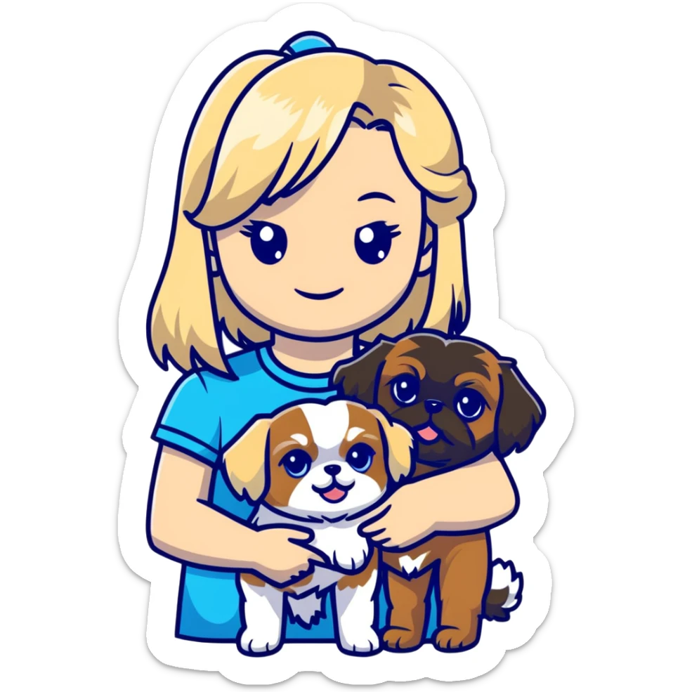 White blond girl with long hair and blue eyes holding a small female shih tzu dog sticker