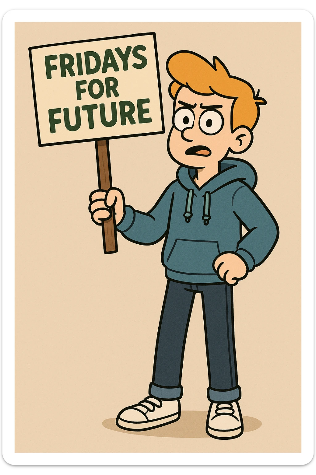  Fridays for Future a boy Yellow Orange hair blue jackets hoodie dark blue jeans white shoe  sticker