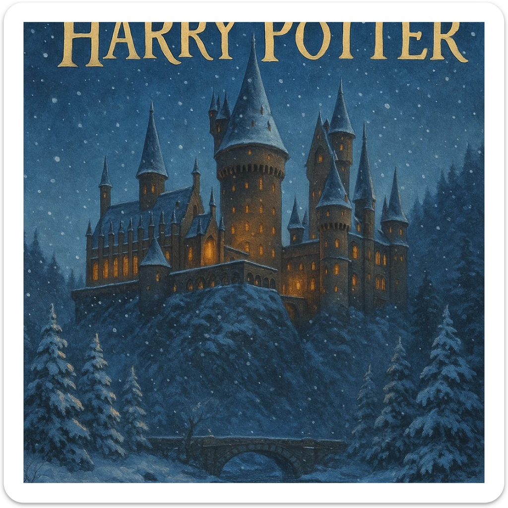 Harry Potter series, fantasy book cover style, Hogwarts castle in winter with snow and warm lights sticker