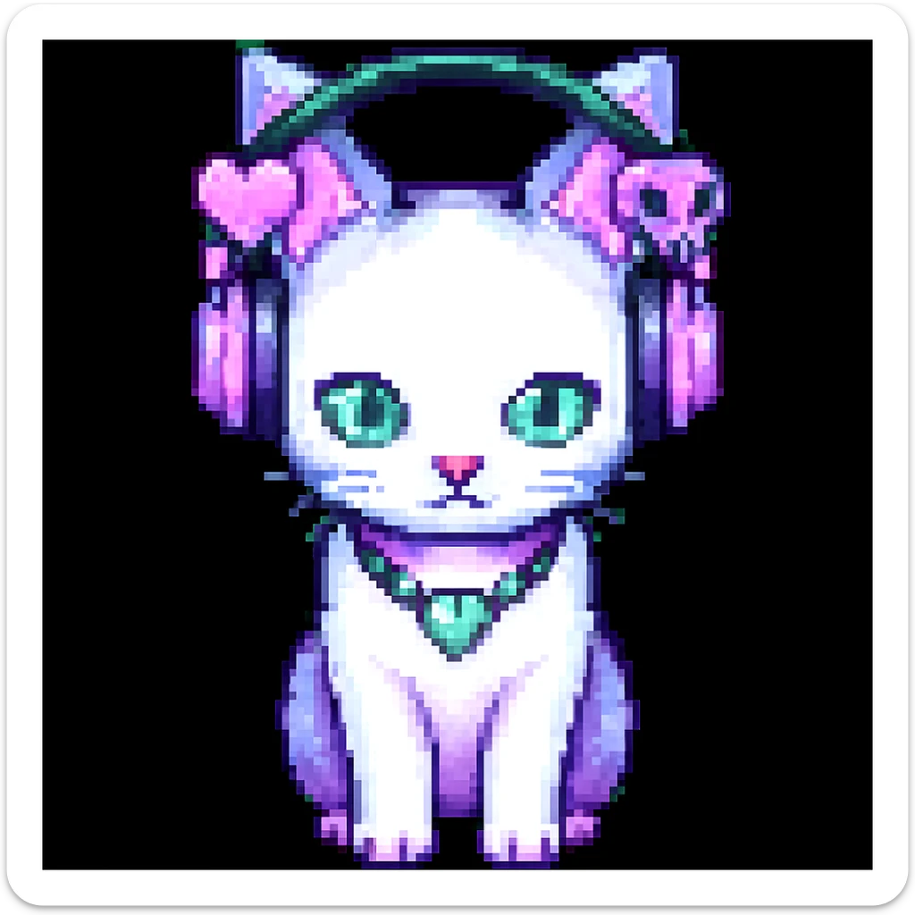 Add cute pastel goth hair clips to the cat ear headphones, keep the style and background as is. Maintain the original look and feel of the image. sticker