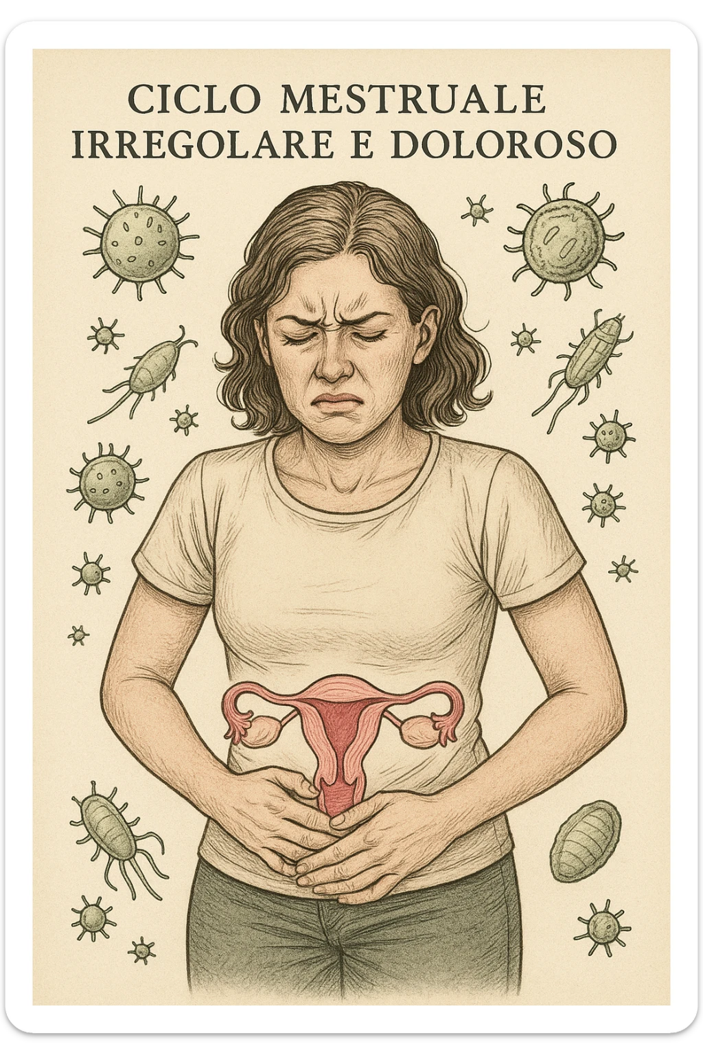 Donna con ciclo irregolare e doloroso a causa dei parassiti in italiano sticker