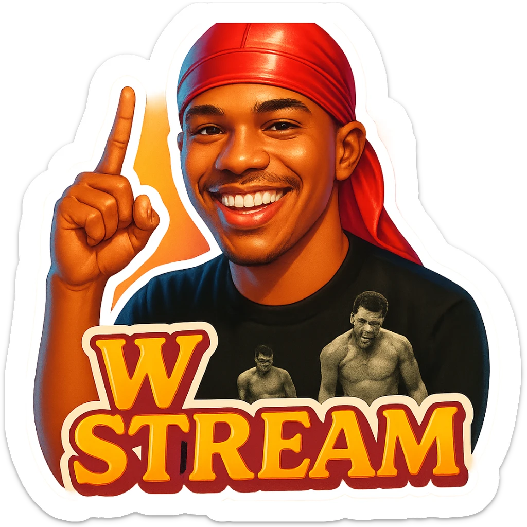Make him Smiling 
woo Finger signak
Change His durag To Red
Add the words W Stream sticker