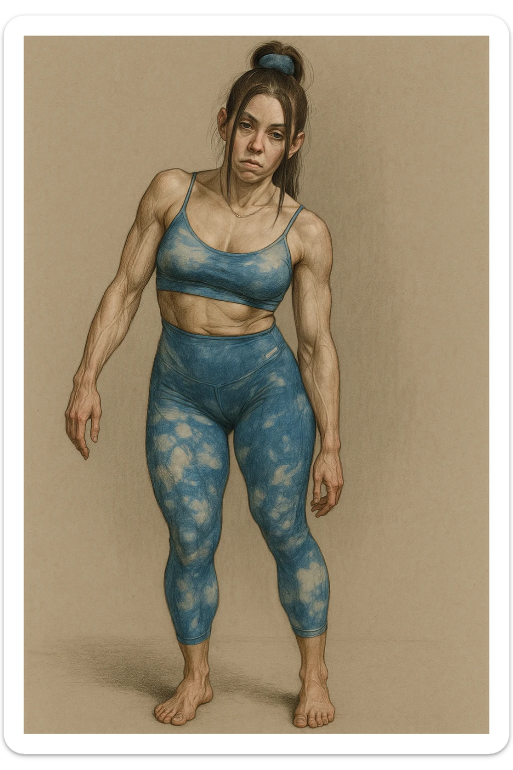 Realistic style illustration of a woman in sportswear with an asymmetric posture showing evident postural problems. The anatomy is clearly visible with muscles and joints emphasized. The background is neutral and the format is vertical, inspired by the reference photo. sticker
