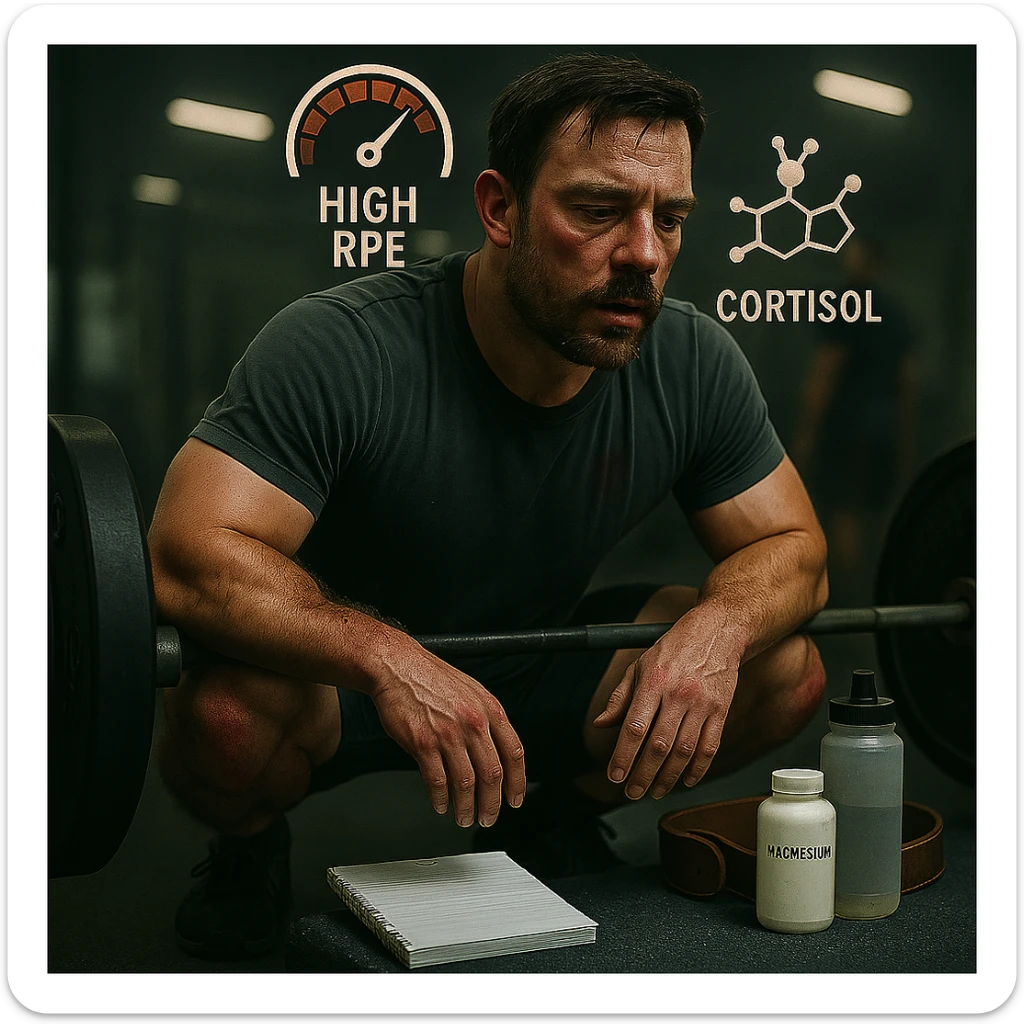 Add floating icons for high RPE and cortisol above the subject's head, maintaining the original style and colors. sticker