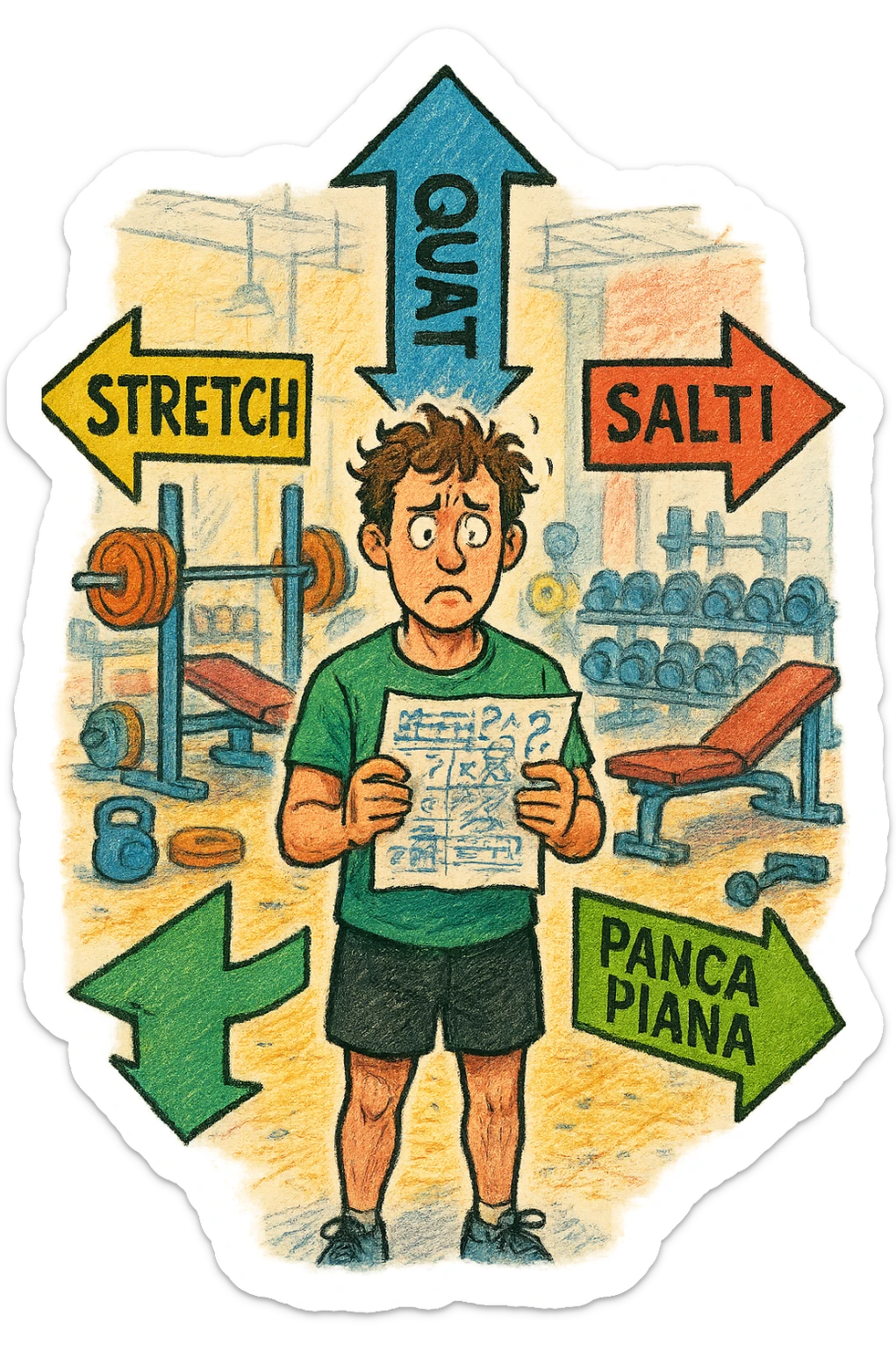 a person stands in the center of a gym, surrounded by arrows pointing in all directions, each labeled with a different exercise (e.g., “squat,” “Salti,” “stretch,” “Panca Piana”). The person looks bewildered, holding a workout plan with scribbles and question marks. The scene is colorful but visually messy, symbolizing confusion. in italiano immagine iperrealistica sticker