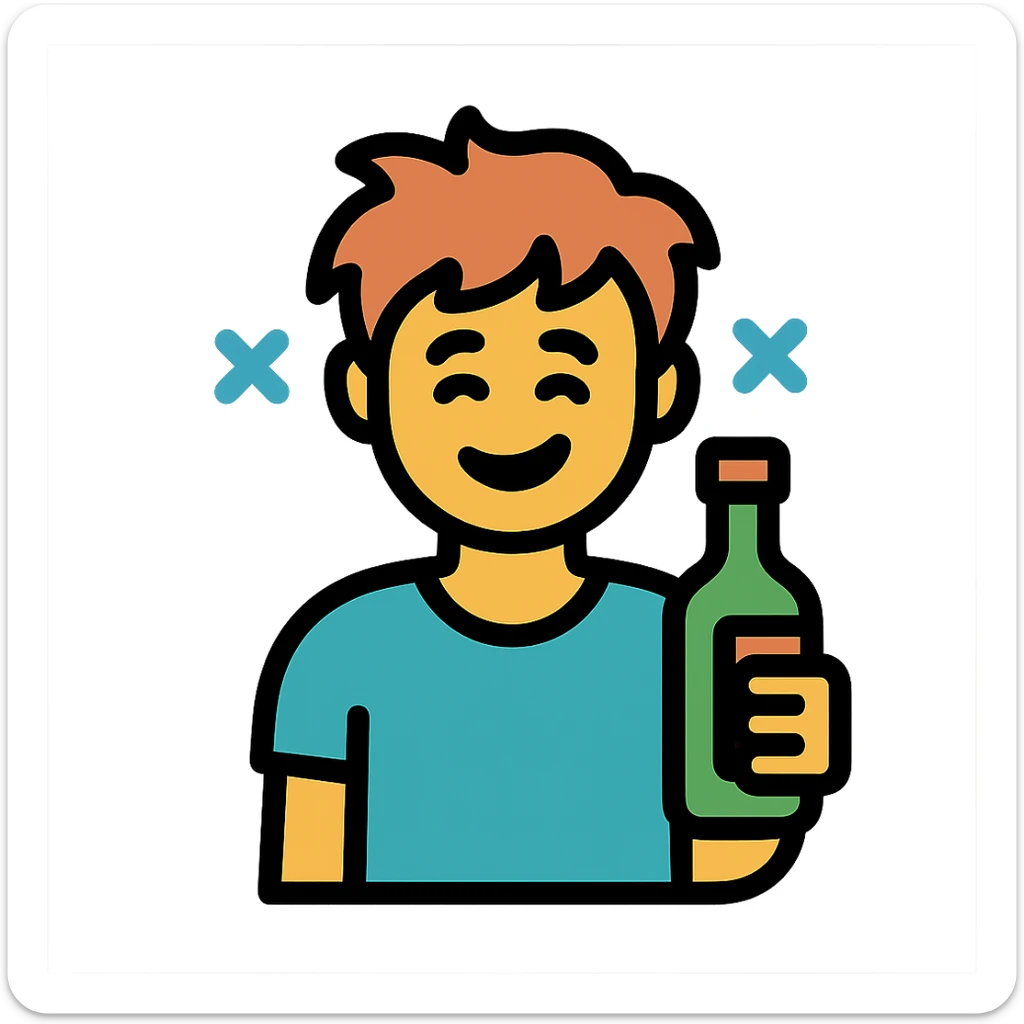 color outline icon of a GTA-style person with messy hair, bottle, tipsy smile, playful style sticker