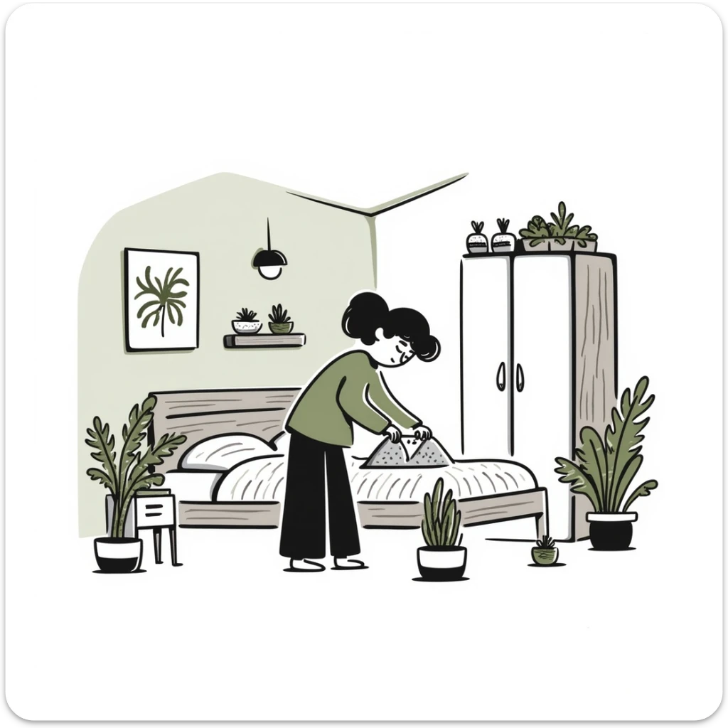 Organizing bedroom with olive green walls, wood bed, plants around, and wood closet sticker