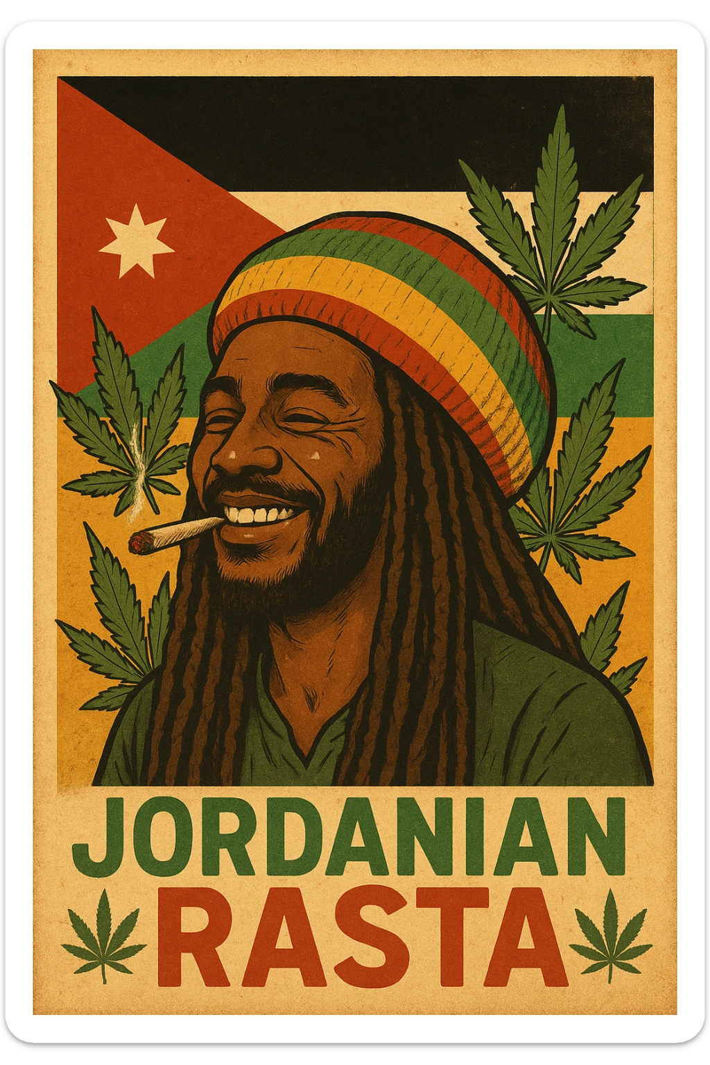 A digital vintage-style poster illustration of a Jordanian Rasta man with dreadlocks, wearing a red, yellow, green striped tam hat. He is smiling peacefully with a lit herbal spliff in his mouth. The background features the official Jordan flag — black, white, green horizontal stripes with a red triangle and a white 7-point star — accurately displayed behind him. Cannabis leaves are tastefully arranged around the composition, and the poster includes Rasta color textures blended with the Jordanian palette. Use a retro poster style with warm, slightly aged textures, bold outlines, and soft shading to evoke a soulful reggae vibe that honors both Jordanian pride and Rasta spirit. The mood is chill, powerful, and respectful sticker