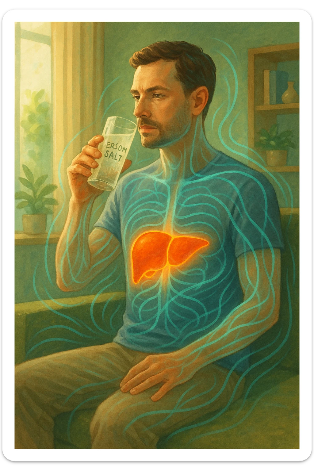 A man in a calm domestic environment, sitting with a transparent bottle or glass in hand containing an Epsom salt solution. He has a focused and aware expression. His body is partially transparent, with the liver highlighted brightly as if in a cleansing phase. Around the body, fluid energetic lines symbolize detoxification. The atmosphere is relaxed and natural, with warm light and green and blue tones representing health and purification. sticker