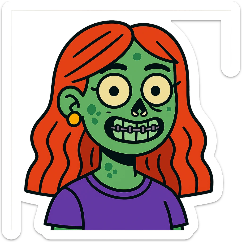 zombie girl with red hair, braces, and nose piercings, vibrant cartoon style sticker