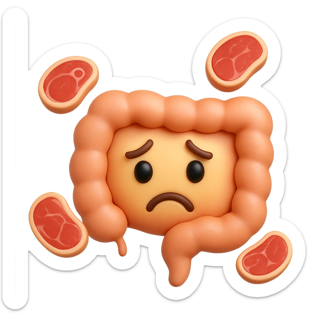 emoji stile iphone in 3d di un intestino triste con fette di carne che gli fluttuano intorno sticker
