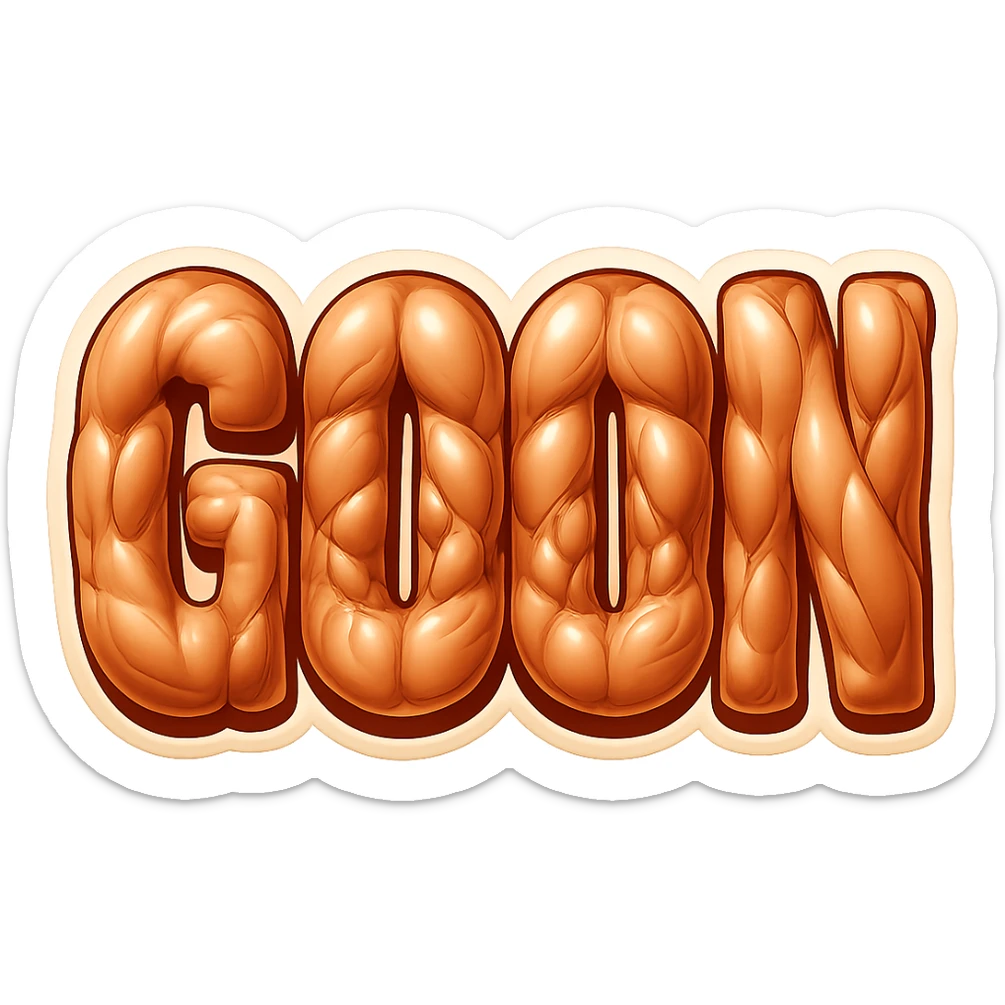 Enhance the muscles to bulge more prominently and exaggeratedly beneath the glossy, realistic skin of the word GOON. The muscle shapes should be very pronounced and exaggerated beneath the shiny skin, in retro sticker style with no background. sticker