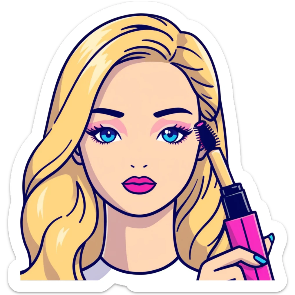 Blonde woman with long hair, blue eyes and pink lips holding mascara in her hands sticker