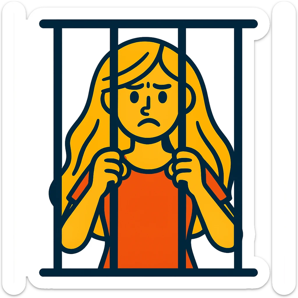 golden girl with long hair in jail, vibrant toon style sticker