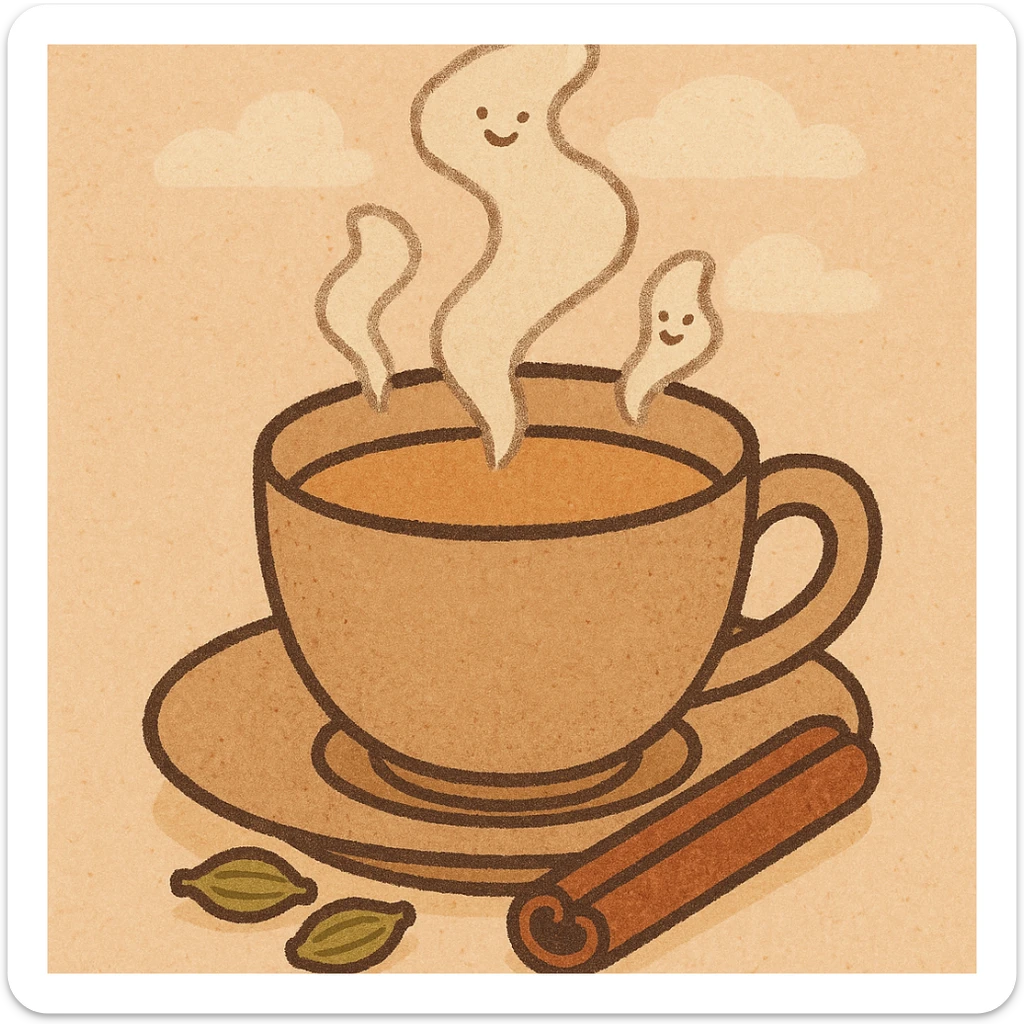 cartoon style illustration of a traditional cup of karak tea with a saucer, steam, and a hint of spices sticker