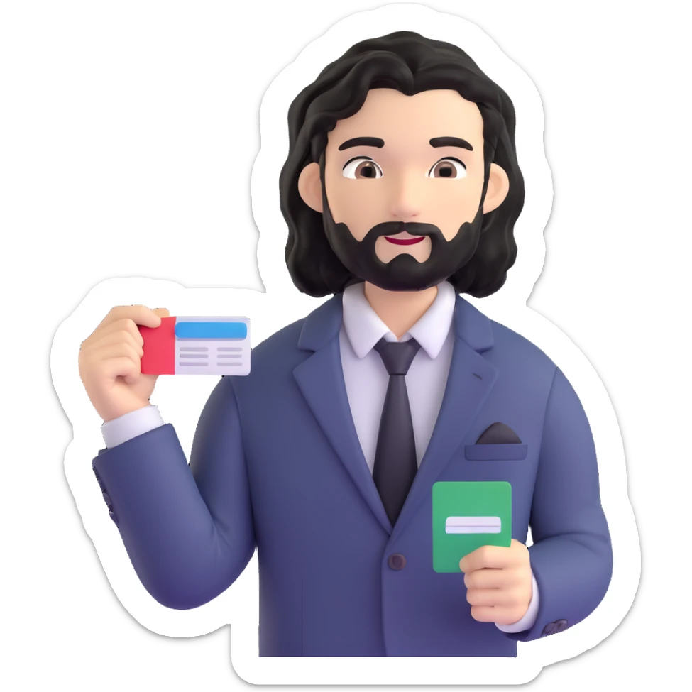 Business strategist with black wavy hair, stubble, chiseled face, wearing blazer and button-up shirt, engaged in conversation at a networking event, holding business card, surrounded by other professionals, social business setting sticker