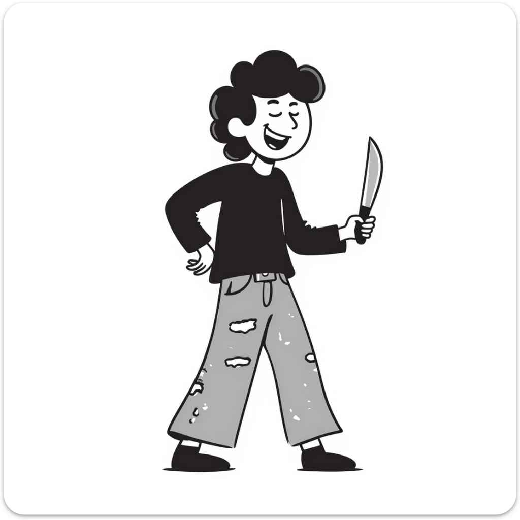 hand-drawn sketch of a savage person in 1988 outfit with mullet hair, acid wash jeans, holding knife, laughing crazily sticker