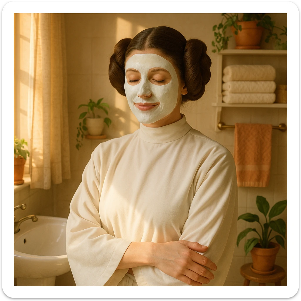 Princess Leia from Star Wars with hair buns, using a facial mask, morning light, cozy bathroom sticker