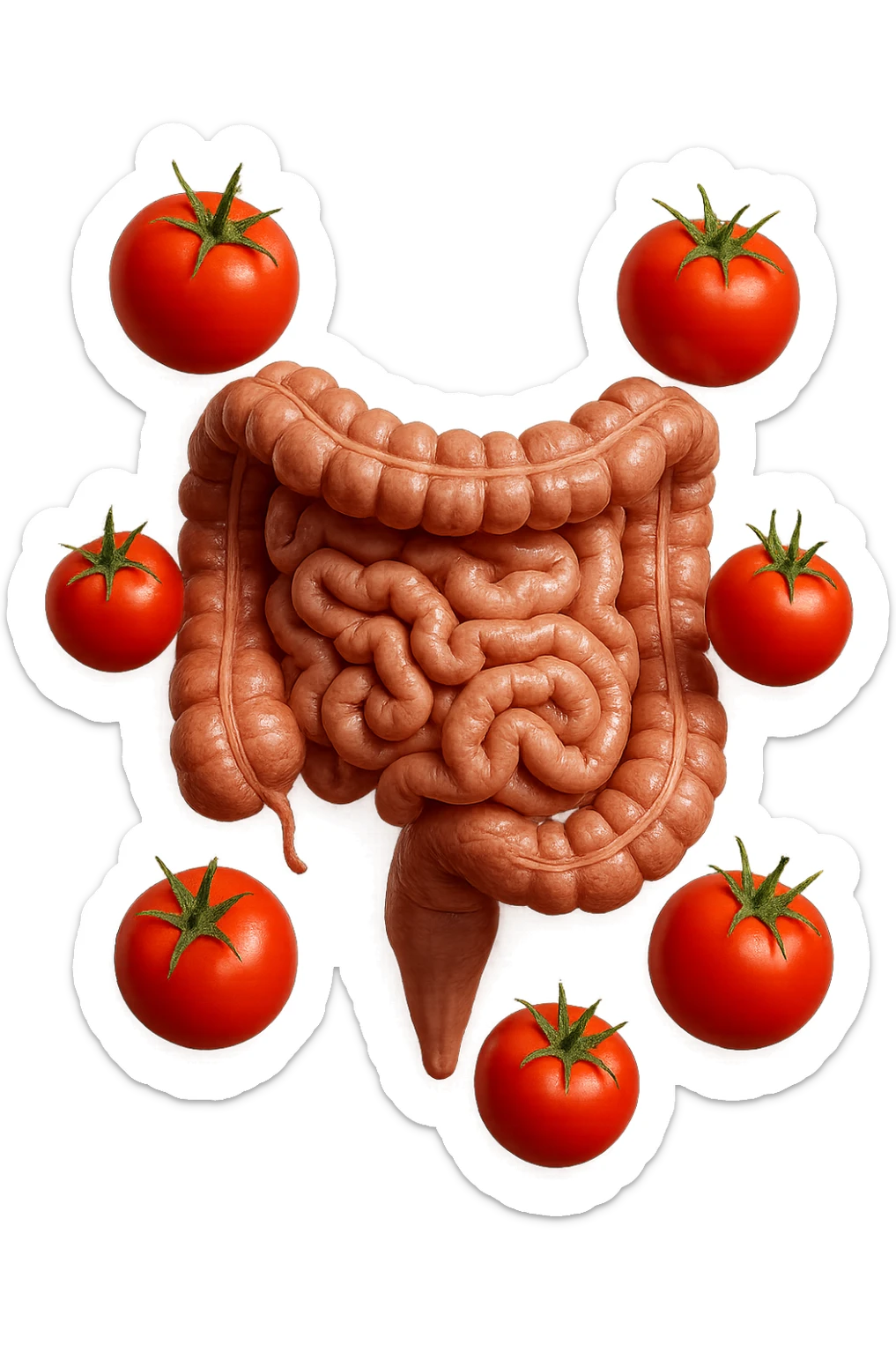 intestino umano anatomico con pomodori che gli fluttuano intorno, iperrealistico 4k sticker