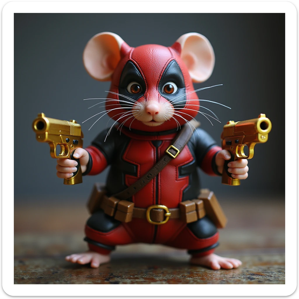 Photorealistic rat in a Deadpool costume, dual-wielding gold Deagle pistols, intense action pose. sticker