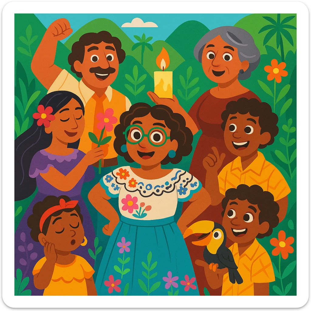 Edit the Encanto family group to remove Bruno, keep all other family members, stylized cartoon, lush Colombian background, cheerful expressions, no Bruno. sticker