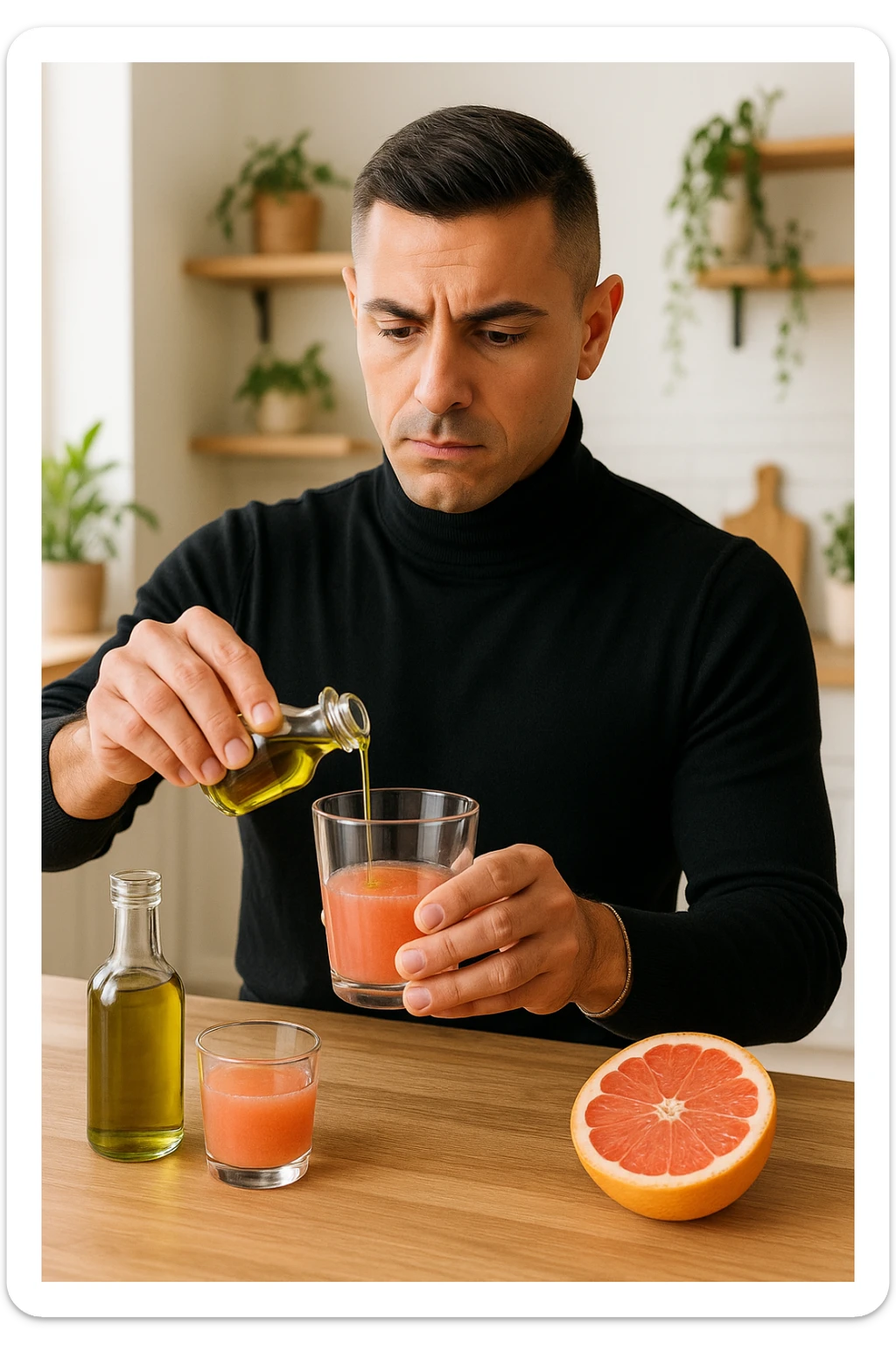 A realistic, warm-toned photo-style image of a man in his kitchen preparing a liver and gallbladder flush. On the counter, there is a small glass bottle of high-quality extra virgin olive oil with a rich green hue, and a freshly cut pink grapefruit with a small glass of its juice next to it. The man, in his mid-30s, looks focused and slightly apprehensive as he mixes the olive oil and grapefruit juice in a clear glass, preparing to drink it as part of a natural gallbladder cleanse. The background is clean, bright, and minimalist with wooden countertops, green plants, and sunlight coming through the window, giving a sense of natural health practices. The mood conveys a realistic moment of alternative health care, illustrating the preparation and intention for a natural flush to address gallstones, while maintaining a calm, educational, and hopeful tone sticker