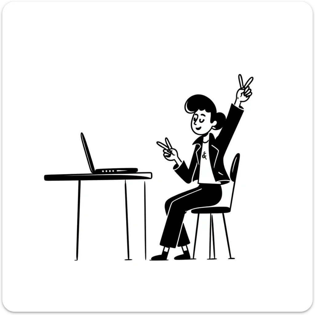 A rockstar female musician with tattoos on her arms, stylish modern haircut with shaved sides, wearing cool rocker clothes, smiling and sitting at a desk with a laptop, raising hand during class sticker