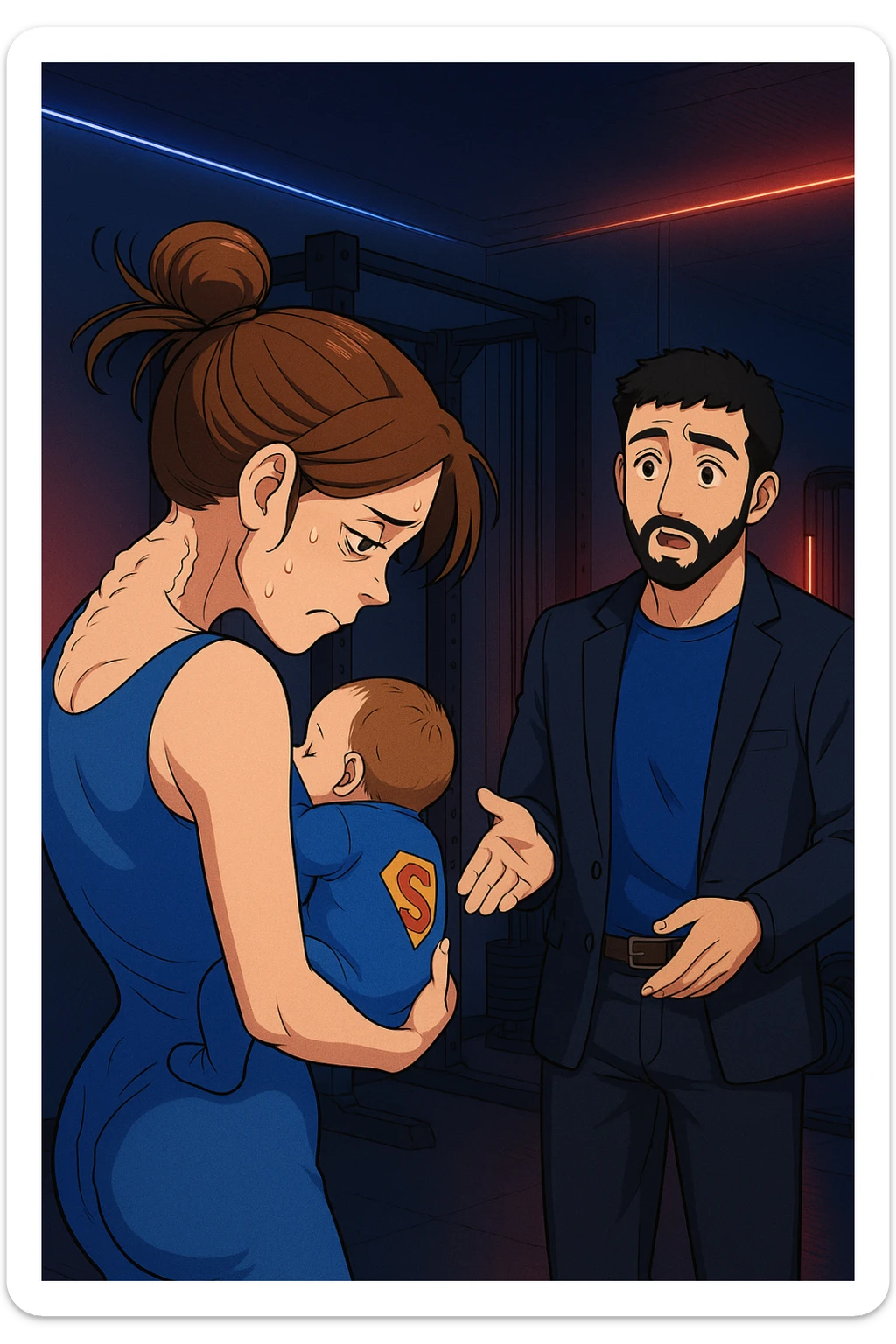 ispirati a questo stile di disegno e fai questa immagine in versione manga/webtoon a colori, il manga mostra la donna preoccupata di profilo con la postura sbagliata e incurvata, spalle chiuse e curve in avanti, con un neonato in braccio con una tutina azzurra e la scritta "S" sulla schiena, spina dorsale storta della donna in evidenza mentre ascolta l'uomo mentre l'uomo gli sta spiegando una cosa, ma non fare i fumetti, fai come se stessero parlando sticker