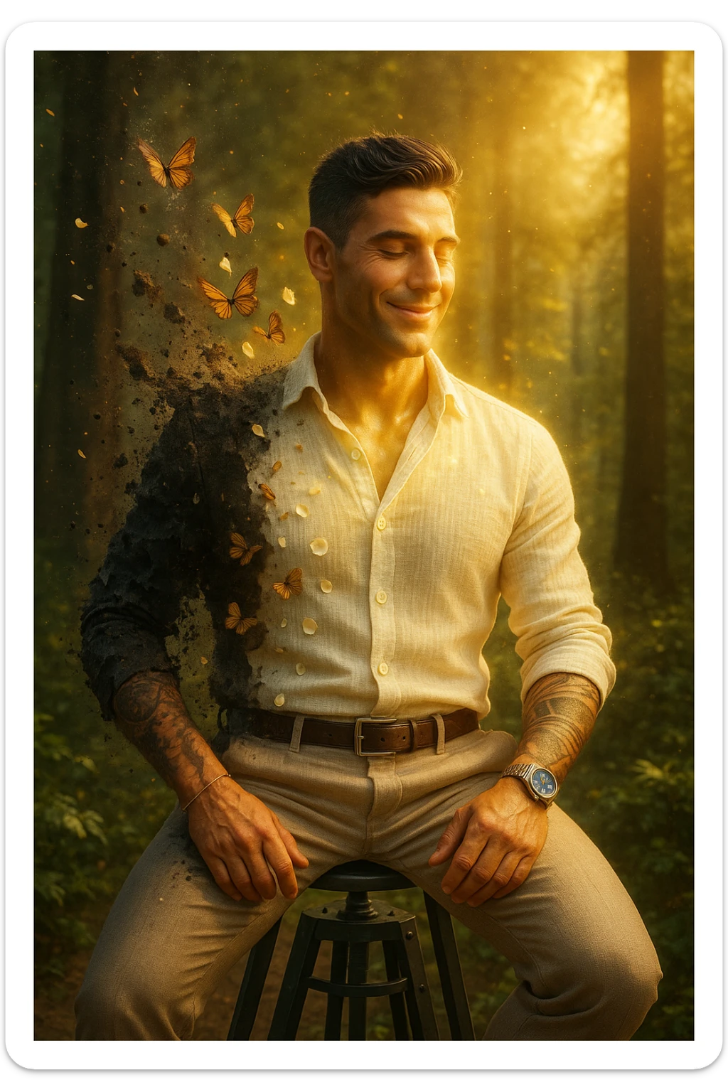 Trasformazione cinematografica: uomo d'affari in giacca sintetica nera che si sfalda come cenere, mentre da dentro emerge una nuova versione di sé vestita di lino color avorio, farfalle che nascono dalle fibre di cotone biologico, petali di fiori che si trasformano in bottoni di madreperla, capelli che diventano più folti e luminosi al contatto con tessuti naturali, pelle che letteralmente respira vapore dorato, city background che si trasforma in foresta rigogliosa, slow motion epico con particelle di luce danzanti sticker