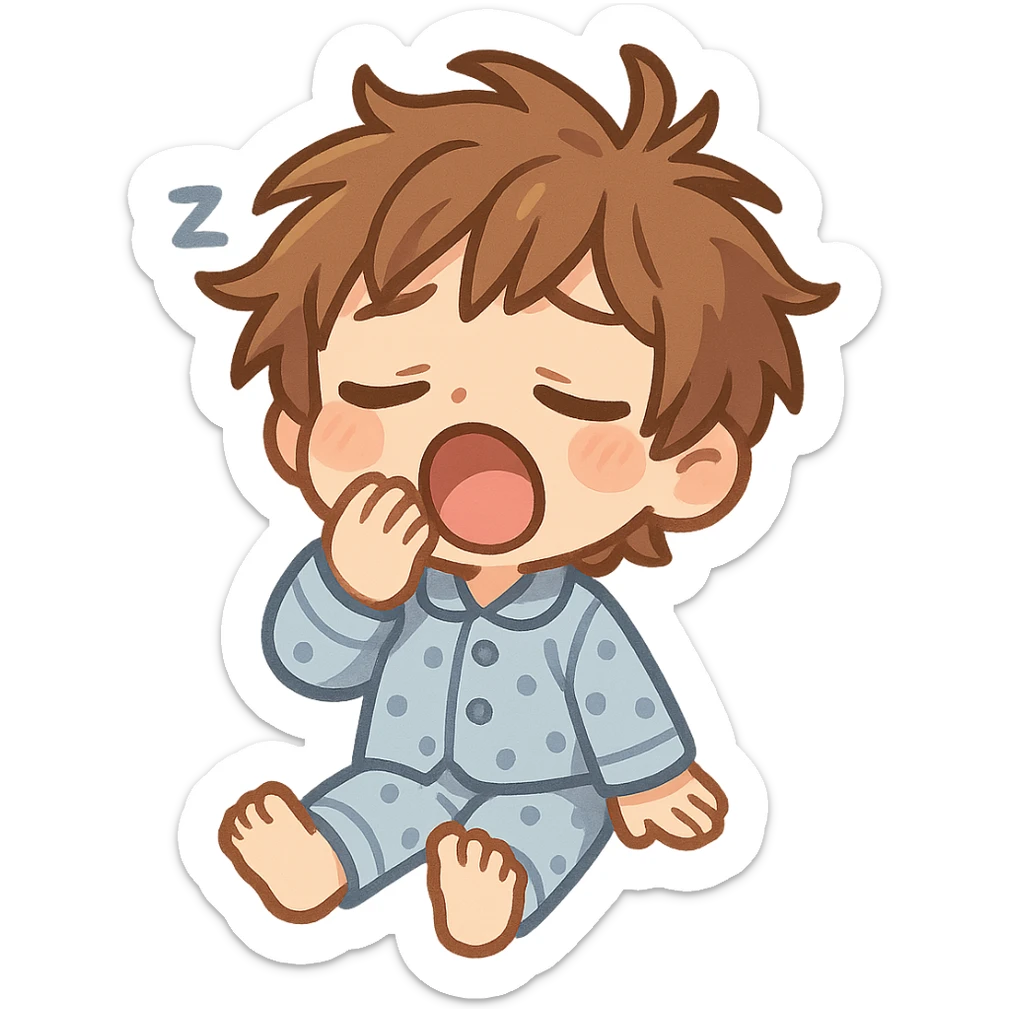 cartoon style emoji of a character who just woke up, messy hair, sleepy eyes, yawning, cozy pajamas sticker