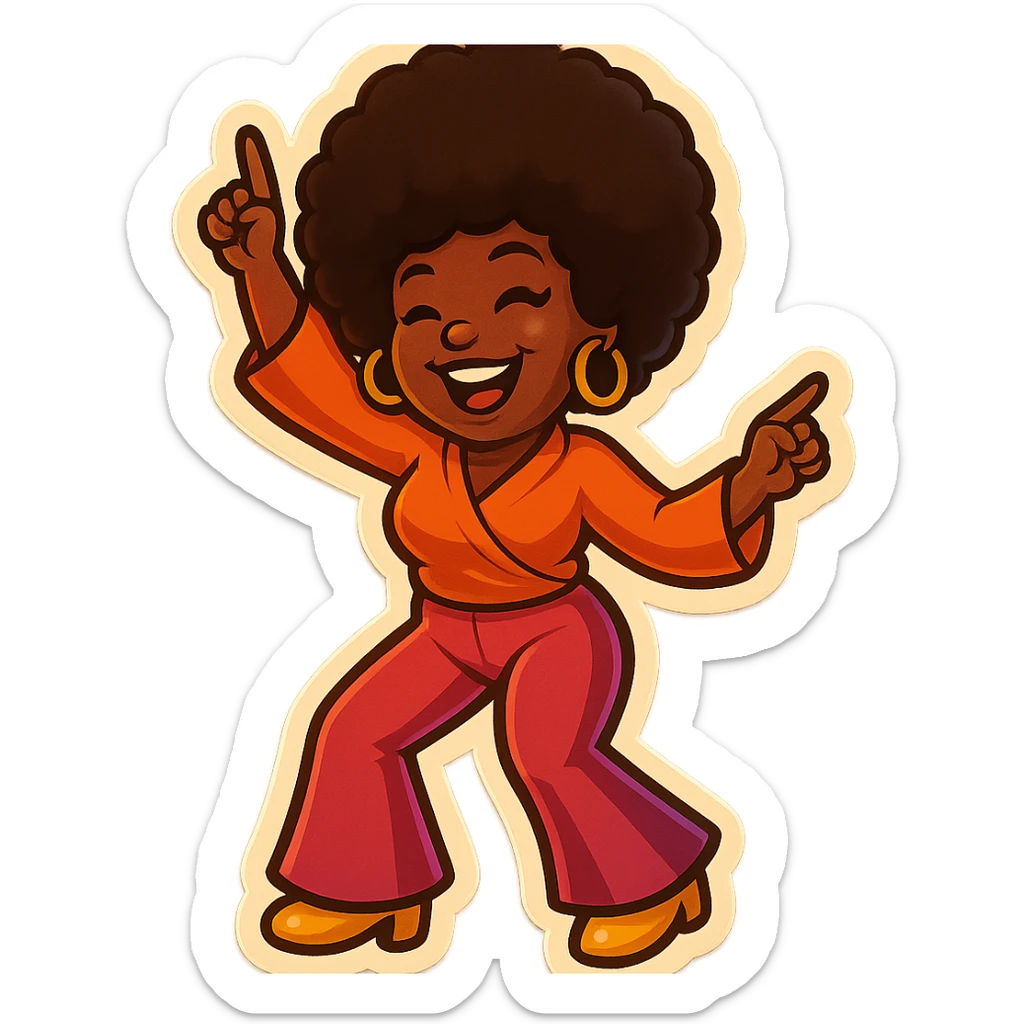 Create an emoji of a female African American in 1970s disco style. Capture her joyful expression, afro hairstyle, and similar outfit pattern, in a dancing pose with vibrant disco flair, in retro stickers style. sticker