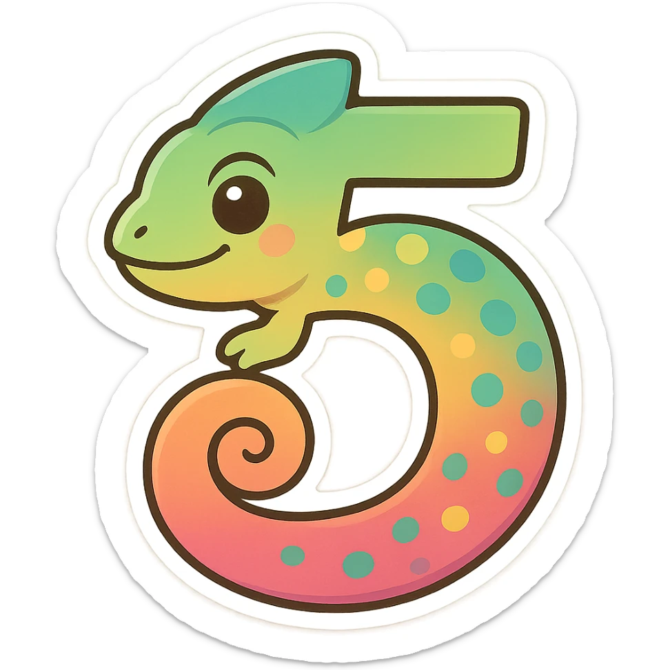 colorful and playful chameleon shaped like the number 5, blending its body into the form of the digit sticker