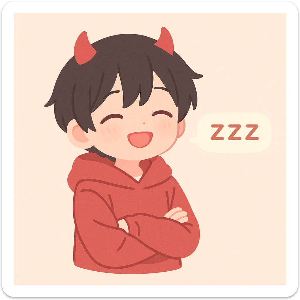 anime teenager with short black hair, red eyes, wearing a red hoodie and red devil horns, three ZZZ's in a horizontal speech bubble, falling asleep sticker