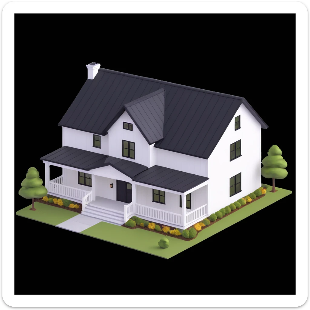 modern farmhouse with white siding, black roof and black trim, isometric exterior view sticker